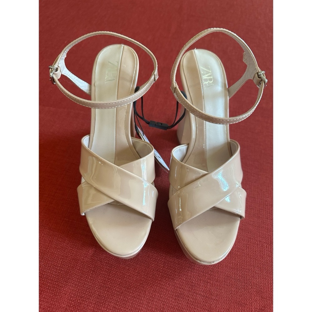 ZARA Nude Patent Crisscross Ankle-Strap Platform Sandals, NWT, 7.5 - Picture 5 of 10